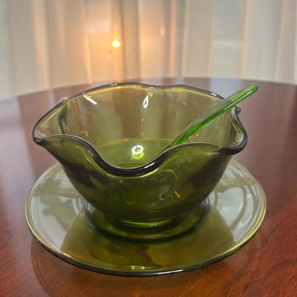 Vintage 70s Green Glass Bowl Plate Serving Spoon Set 1970s Fluted Ribbon Rim MCM